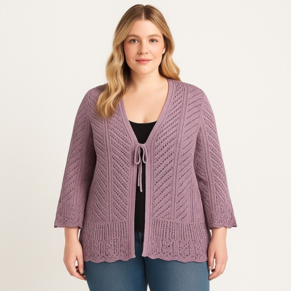 Laura Plus Women’s 1X Purple Crochet OpenFront Cardigan Boho Lightweight Sweater